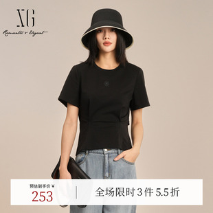 通勤莱赛尔上衣女装 新款 T恤2025夏季 XG雪歌创意拼接设计黑色短袖