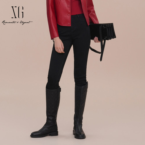 XG雪歌黑色通勤水洗牛仔裤2025春季新款磨边裤脚修身微弹铅笔裤女