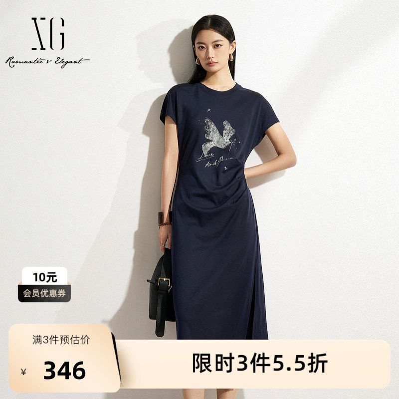 XG雪歌莱赛尔短袖连衣裙2026春季新款 收腰开叉圆领修身显瘦T裙女 - 实物图