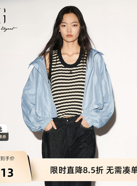 【单件立减】XG雪歌浅蓝色大翻领长袖短外套2026秋季新款休闲女装