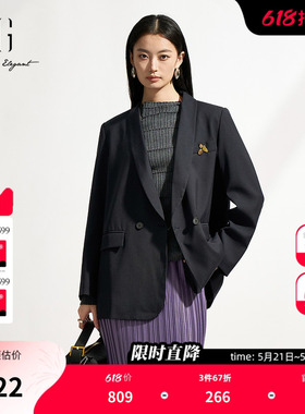 XG雪歌创意装饰长袖休闲西装2025春季新款深灰色通勤简约外套女装