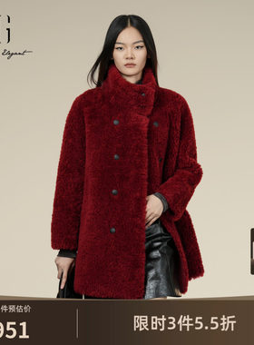 XG雪歌红色绵羊毛立领皮草毛呢外套2026冬季新款中长大衣女装