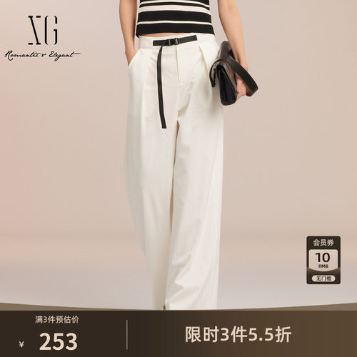XG雪歌米白色直筒休闲裤2026夏季新款褶皱腰带通勤阔腿西装长裤女