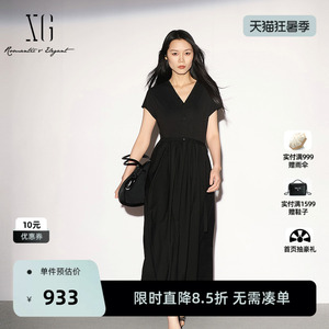 【单件立减】XG雪歌黑色V领短袖连衣裙2026夏季新款 配腰带薄裙女