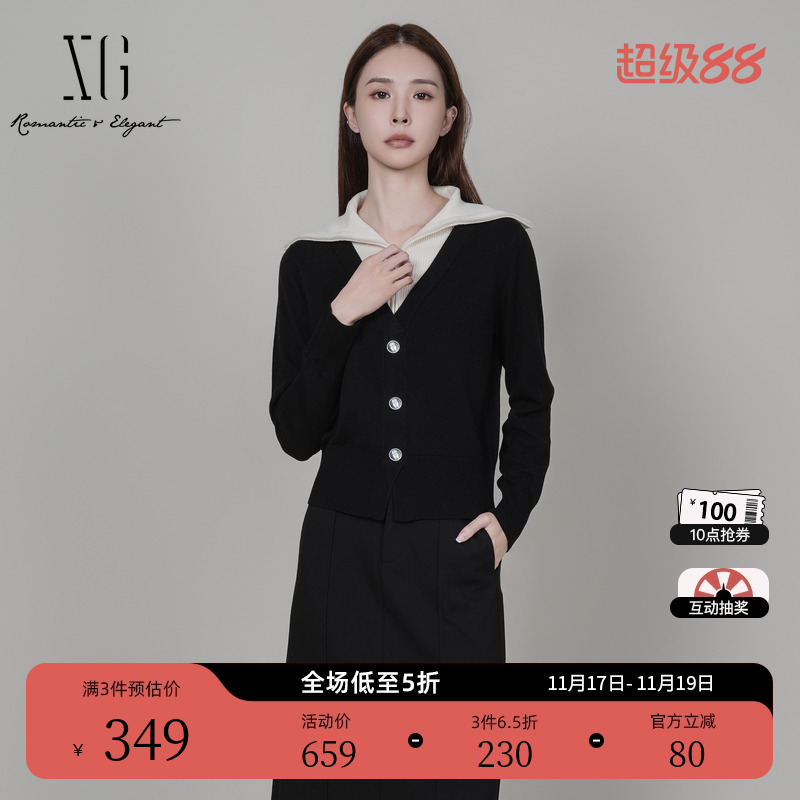 XG雪歌翻领设计长袖毛针织衫2025冬季新款假两件设计套头毛衫女装