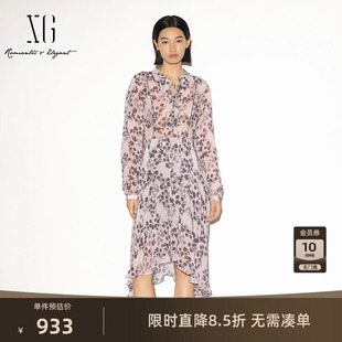 【单件立减】XG雪歌碎花绑带花边长袖连衣裙中裙2026秋季新款女装