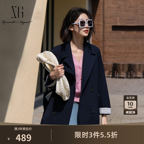 XG雪歌藏青色中长款休闲风衣2025春季新款通勤简约翻领长袖外套女
