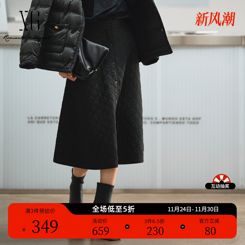 XG雪歌黑色淑女风厚款半身裙2025冬季新款通勤简约中长款A字裙女