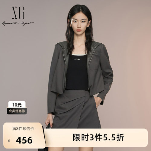 XG雪歌深灰色连帽短外套2025秋季新款西装拼接皮衣长袖短外套女装
