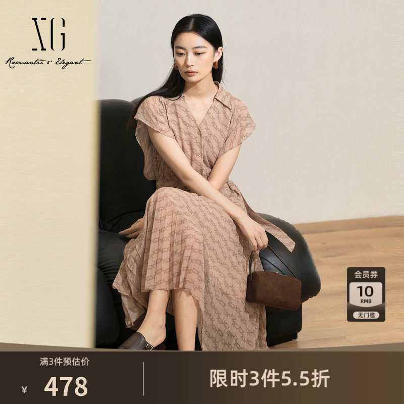 XG雪歌中长款短袖衬衫连衣裙2025夏季新款满版印花设计百褶裙女装