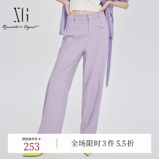 袢设计休闲裤 夏季 XG雪歌灰紫色裤 时尚 女 新款 通勤简约宽松直筒长款