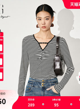XG雪歌淑女风条纹设计长袖T恤2025秋季新款镂空V领棉感休闲上衣女
