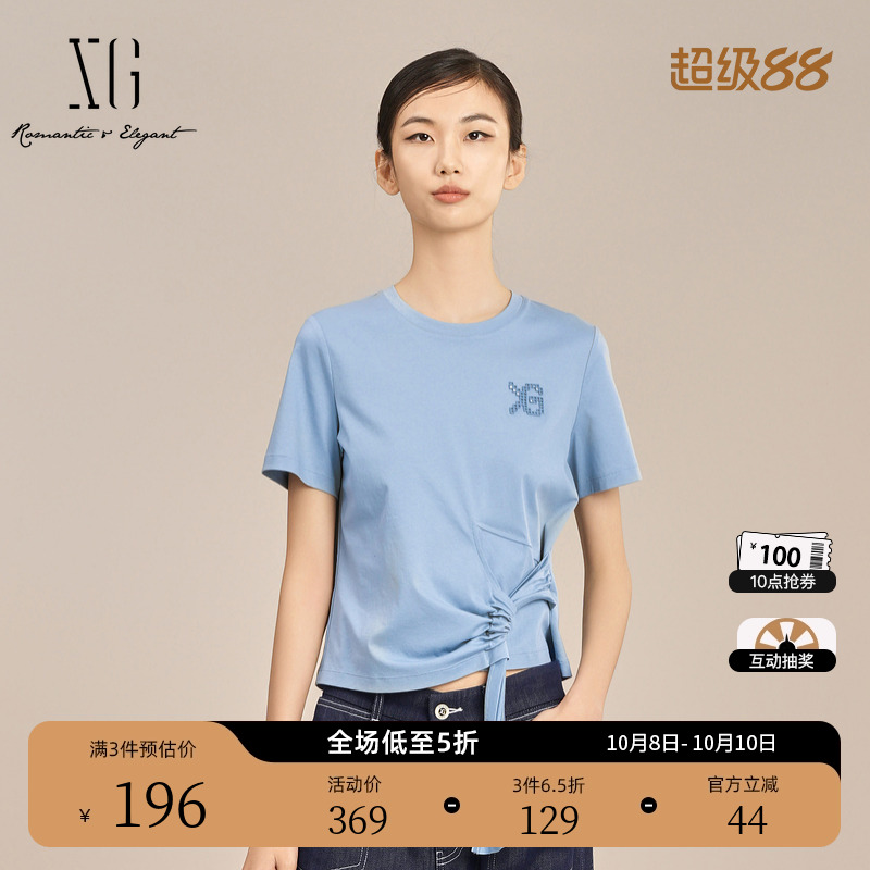 XG雪歌灰蓝色通勤短袖纯棉T恤2025夏季新款设计感圆领绑带上衣女