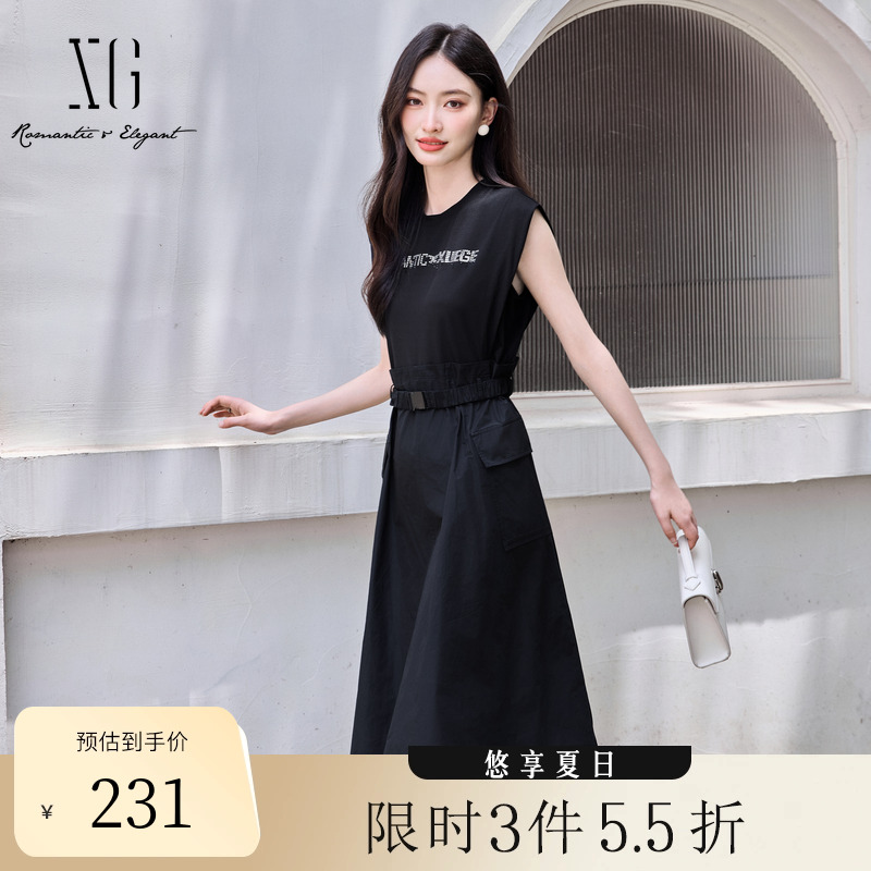 XG雪歌黑色假两件无袖连衣裙时尚夏季新款钉珠收腰拼接休闲裙女装