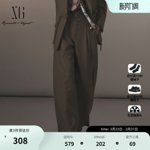 通勤宽松羊毛混纺阔腿裤 新款 女 2025冬季 XG雪歌军绿色配腰带休闲裤