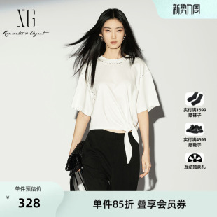 单件立减 薄款 XG雪歌白色棉感短袖 新款 绑带钉珠女 T恤2026夏季