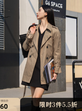 XG雪歌卡其色通勤简约休闲风衣2025春季新款长款翻领风衣外套女装