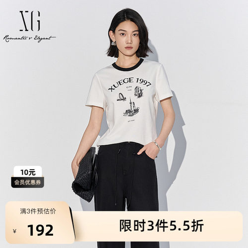 XG/雪歌XL201843A851白色字母棉感短袖T恤2025夏季新款薄款上衣女