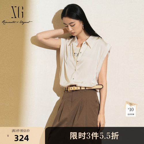 XG雪歌薄款通勤简约短袖衬衫2025夏季新款立体装饰翻领设计感上衣