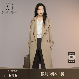 XG雪歌中长款双排扣棉感风衣2025秋季新款通勤咖色翻领长袖外套女