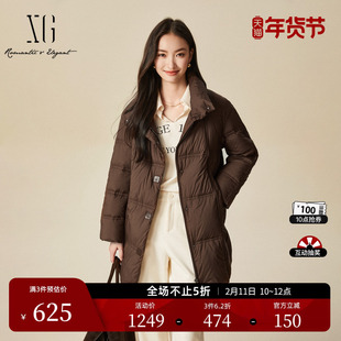 XG雪歌咖色长袖白鸭绒羽绒服时尚冬季新款中长款通勤保暖外套女装