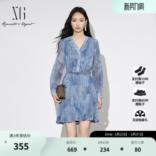 中长款 XG雪歌荷叶花边长袖 新款 秋季 套头百褶A字裙女 V领连衣裙时尚