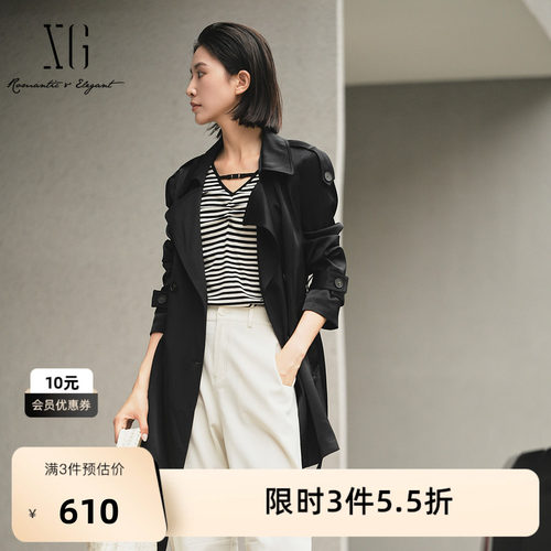 XG雪歌黑色系带设计休闲风衣2025秋季新款中长款收腰长袖外套女装