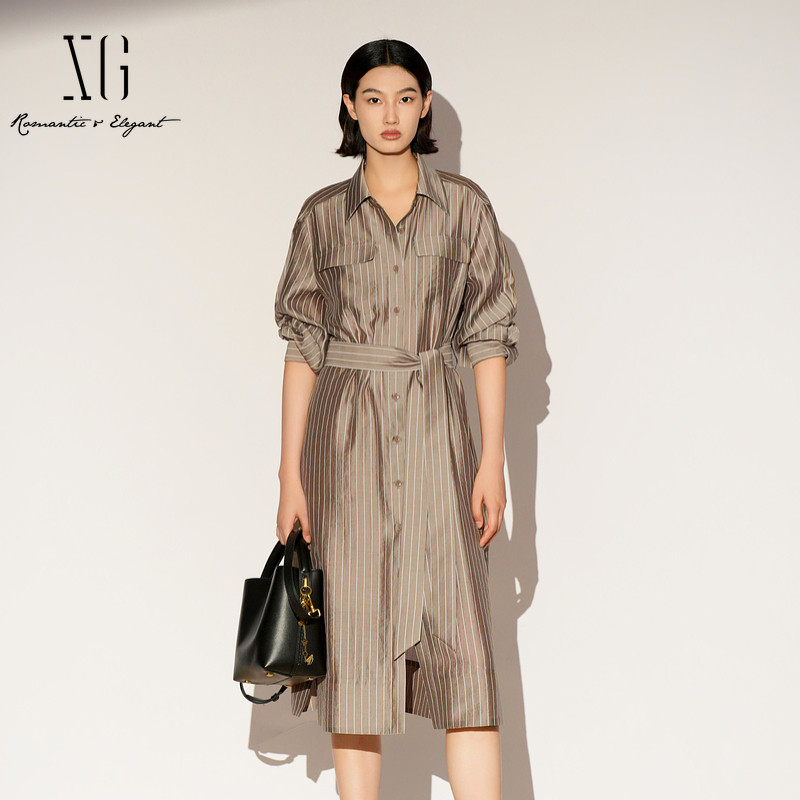 XG雪歌莱赛尔条纹连衣裙2026春季新款翻领长袖腰带中长半身裙女装,女装/女士精品,连衣裙,淘宝优惠券,粉丝福利购,淘宝优惠卷