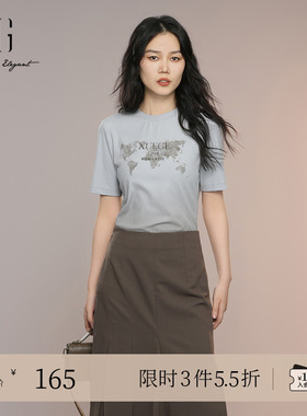 XG雪歌浅蓝色通勤简约短袖T恤2025秋季新款字母印花圆领上衣女装
