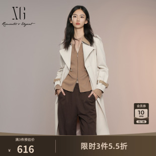 XG雪歌浅米色中长款休闲风衣2025秋季新款长袖翻领双排扣外套女装
