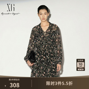 XG雪歌花版翻领长袖连衣裙2026夏季新款 碎花薄款休闲A字中裙女装
