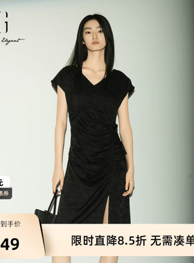 【单件立减】XG雪歌黑色暗纹V领无袖连衣裙2026夏季新款 收腰裙女