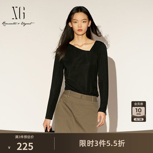 XG雪歌莱赛尔V领长袖T恤2026春季新款修身显瘦微弹力打底上衣女装