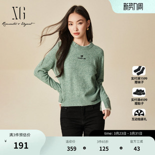 圆领套头毛衫 XG雪歌绿色假两件绣花设计长袖 新款 2025冬季 女 针织衫