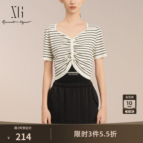 XG雪歌条纹毛针织衫2025夏季新款时尚简约方领套头褶皱短袖女
