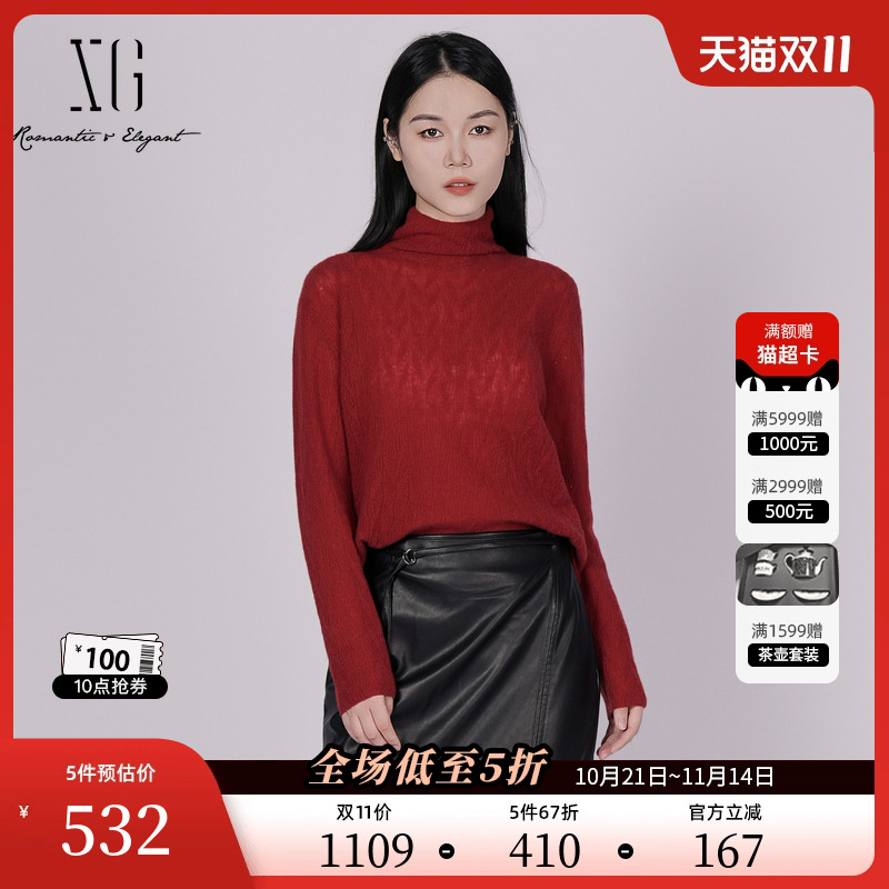XG雪歌红色高领设计毛针织衫2025冬季新款厚款山羊绒套头毛衫女装