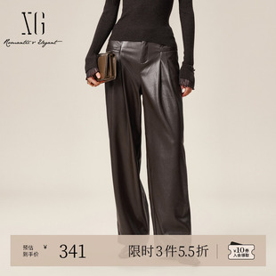 街头风通勤皮质直筒裤 XG雪歌深咖色宽松显瘦休闲裤 新款 冬季 女 时尚