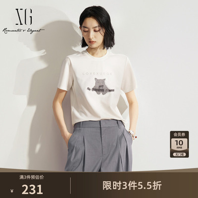 XG雪歌白色小猫咪短袖T恤2026夏季新款 基础百搭直筒短款上衣女装
