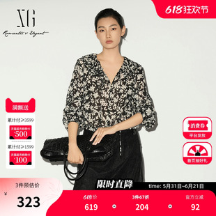 XG雪歌纯棉花版长袖衬衫2026春季新款 V领荷叶边垂感丝带上衣女装