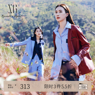 腰带搭配通勤长袖 新款 外套女 春季 XG雪歌街头风红色皮质短外套时尚