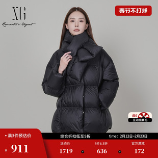 XG雪歌黑色立领白鸭绒羽绒服2025冬季新款中长款加厚保暖外套女装