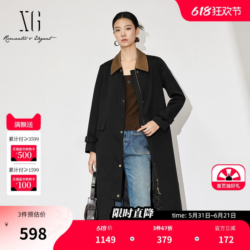 XG雪歌棉感翻领长袖休闲风衣2025秋季新款淑女风长款收腰外套女装