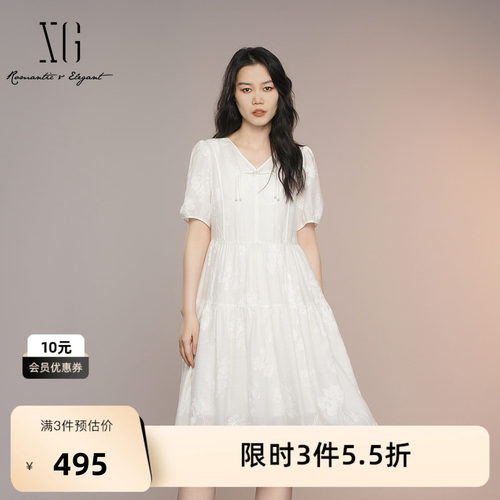 XG雪歌白短袖连衣裙2025夏季新款醋纤简约新中式收腰中长裙女