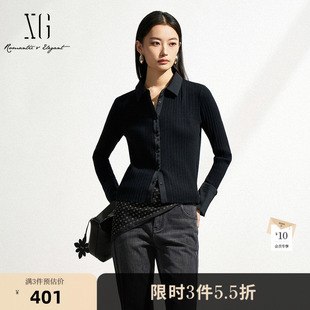 XG雪歌修身设计黑色毛针织衫2026春季新款通勤纽扣毛衣开衫外套女