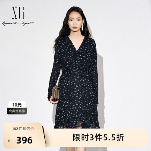 XG雪歌碎花设计高腰长袖连衣裙2025秋季新款褶皱设计收腰A字裙女