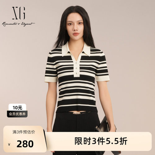 XG雪歌黑白条纹短袖毛针织衫2026夏季新款polo领修身套头上衣女装