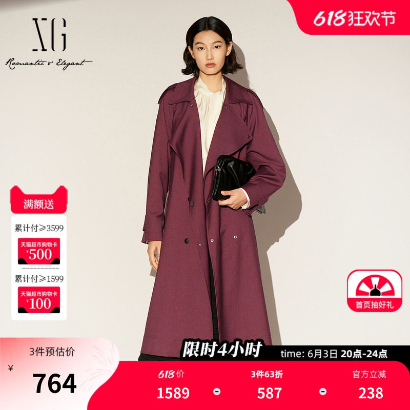 XG雪歌酒红色中长款休闲风衣2026春季新款翻领设计长袖风衣外套女