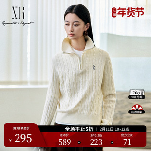 XG雪歌纯绵羊毛翻领长袖毛衣2025冬季新款米白色厚款套头针织衫女