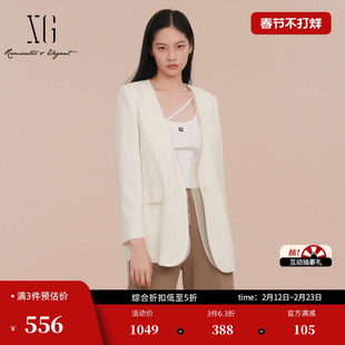 XG雪歌纯醋纤V领西装2026春季新款 网纱拼接白色职场长袖外套女装