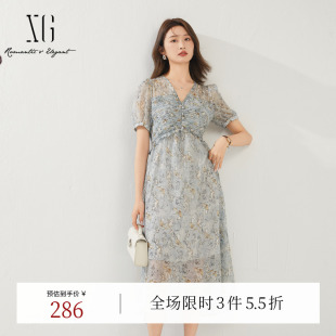 V领垂感薄款 XG雪歌复古碎花高腰短袖 新款 连衣裙时尚 a字裙子女 夏季